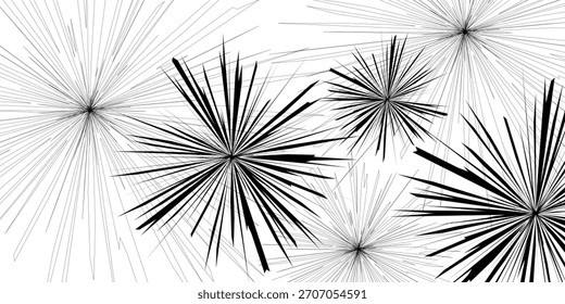 Uma ilustração em preto e branco abstrata com múltiplas formas de explosão e explosão irradiando contra um plano de fundo branco.