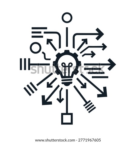 An abstract black and white illustration featuring a central light bulb and gear, from which numerous arrows and lines radiate, symbolizing complex ideas, innovation, and diverse solutions branching out into multiple pathways and processes.