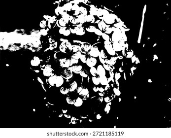 Ilustração em preto e branco abstrata de aglomerados de flores de hortênsia. Arte botânica monocromática de alto contraste para design gráfico moderno, padrões florais e decoração mínima com temas naturais.