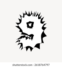 Abstract black and white illustration with jagged, spiky shapes forming a face-like design. The bold, dynamic lines create a striking visual impact. Cute font isolated vector.