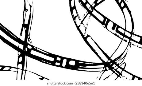 Abstract black and white illustration of overlapping film strips creating a dynamic pattern.