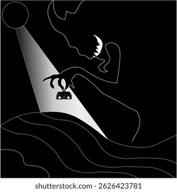 Abstract black and white illustration showing a sinister horned silhouette reaching for a small house under a spotlight in a surreal night landscape