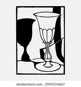 Abstract black and white illustration of a wine glass and its shadow. Wine glass with elegant design. Artistic depiction of glass and shadow interplay. Vintage illustration isolated on white, vector.