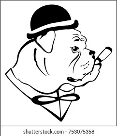 abstract black and white image of a bulldog wearing a hat that smokes a cigar
