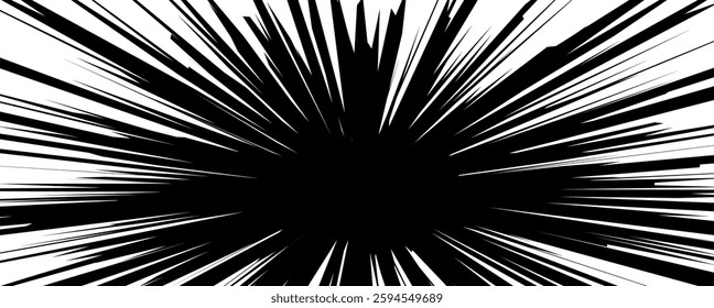 Abstract black and white image depicting dynamic radial burst lines extending outward against a white background, creating a sense of energy and movement.