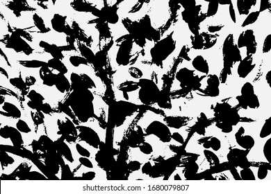 Abstract black white image with long and short intermittent lines made by brush. A monochrome image drawn by hand. Dirty shabby smears of black paint. Vector eps illustration.