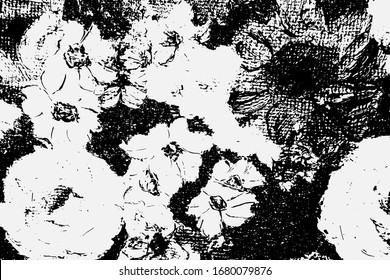 Abstract black white image with long and short intermittent lines made by brush. A monochrome image drawn by hand. Dirty shabby smears of black paint. Vector eps illustration.