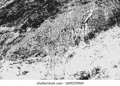 Abstract black white image with long and short intermittent liquid lines made by brush. A monochrome image drawn by hand. Dirty shabby smears of black paint. Vector eps illustration.