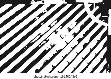 Abstract black white image with long and short intermittent liquid lines made by brush. A monochrome image drawn by hand. Dirty shabby smears of black paint. Vector eps illustration.