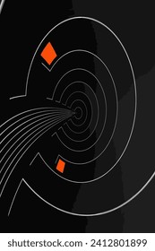 abstract black and white image showcases a mesmerizing spiral design with vibrant orange squares