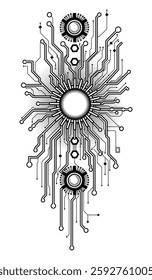 An abstract black and white image in the style of a circuit board. Geometric lines, dots and nodes create a techno-art design reminiscent of a tattoo style with cyberpunk elements.