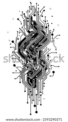 An abstract black and white image in the style of a circuit board. Geometric lines, dots and nodes create a techno-art design reminiscent of a tattoo style with cyberpunk elements.