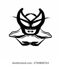 Abstract black and white ink brush illustration of a symmetrical tribal mask or insectoid character, isolated on white background.