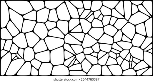 Abstract black and white irregular stone mosaic pattern with uneven polygonal shapes, resembling a stained glass or cracked pavement design.

