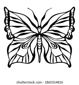 Resumen del diseño de ilustraciones vectoriales aisladas en blanco y negro de mariposa con líneas caligráficas. El diseño es perfecto para textiles, decoraciones, pegatinas, logotipos, insignias, invitaciones, tarjetas, tatuajes