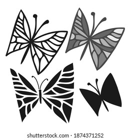 Abstract black and white isolated vector illustration design of set of butterflies with calligraphic lines. The design is perfect for textiles, stickers, logos, badges, invitations, cards, tattoos