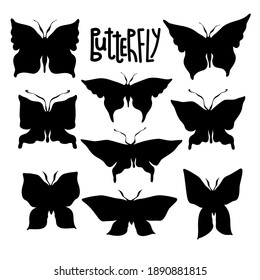 Abstract black and white isolated vector illustration design of set of silhouettes of butterflies. The design is perfect for textiles, stickers, logos, badges, invitations, cards, tattoos