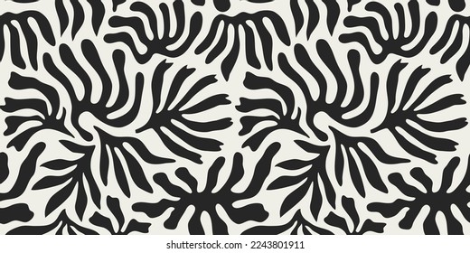 Abstract black and white leaf shape seamless pattern. Trendy contemporary nature art cutout background illustration. Natural organic plant leaves artwork wallpaper print. Vintage summer texture.