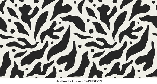 Abstract black and white leaf shape seamless pattern. Trendy contemporary nature art cutout background illustration. Natural organic plant leaves artwork wallpaper print. Vintage summer texture.