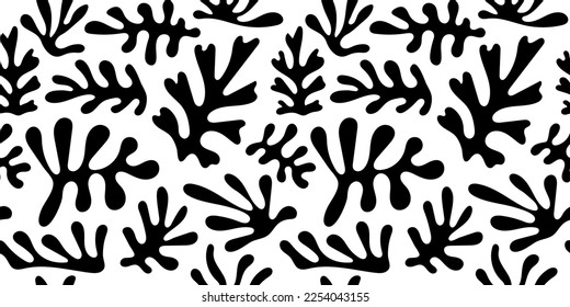Abstract black and white leaf shape seamless pattern. Trendy contemporary nature art cutout background illustration. Natural organic plant leaves artwork wallpaper print. Vintage summer texture.