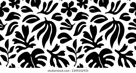 Abstract black and white leaf shape seamless pattern. Trendy contemporary nature art cutout background illustration. Natural organic plant leaves artwork wallpaper print. Vintage summer texture.	