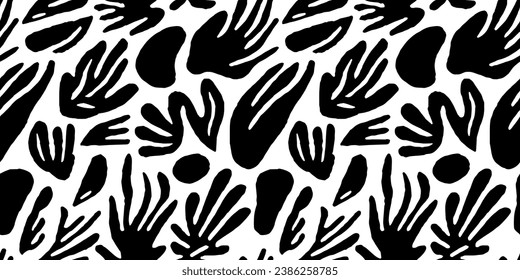 Abstract black and white leaf shape seamless pattern. Trendy contemporary nature art cutout background illustration. Natural organic plant leaves artwork wallpaper print. Vintage summer texture.