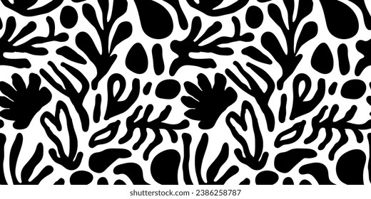 Abstract black and white leaf shape seamless pattern. Trendy contemporary nature art cutout background illustration. Natural organic plant leaves artwork wallpaper print. Vintage summer texture.