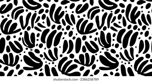 Abstract black and white leaf shape seamless pattern. Trendy contemporary nature art cutout background illustration. Natural organic plant leaves artwork wallpaper print. Vintage summer texture.