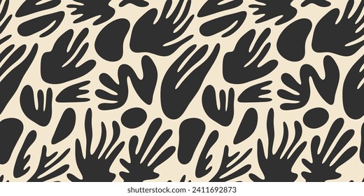 Abstract black and white leaf shape seamless pattern. Trendy contemporary nature art cutout background illustration. Natural organic plant leaves artwork wallpaper print. Vintage summer texture.