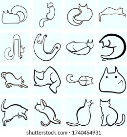 Abstract black and white line art icon set of fantasy stylized funny cats silhouettes. Hand drawn. 
