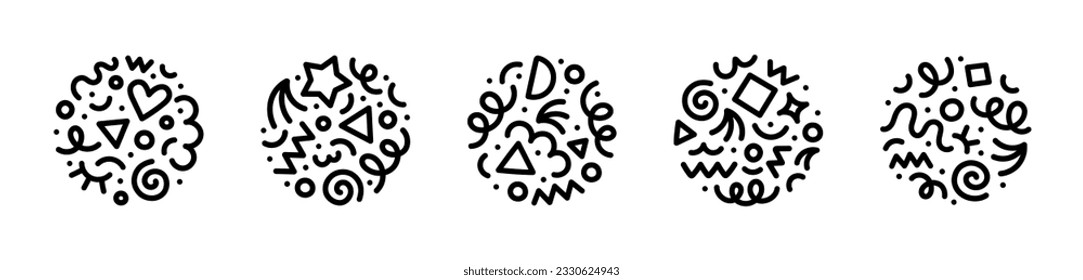 Resumen de la forma del círculo del doodle de línea blanca y negra. Símbolo de redondo de arte de estilo minimalista creativo para niños o celebración de fiestas con formas modernas. Sencilla decoración circular de dibujo.