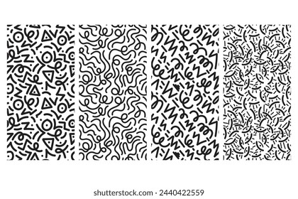 Abstract black and white line doodle seamless pattern. Creative organic style drawing background, trendy design with basic shapes. Simple hand drawn wallpaper print