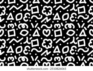 Abstract black and white line doodle art seamless pattern on a black background. For cards, frames, posters, book covers, textiles, wallpaper, wrapping and fabric. 