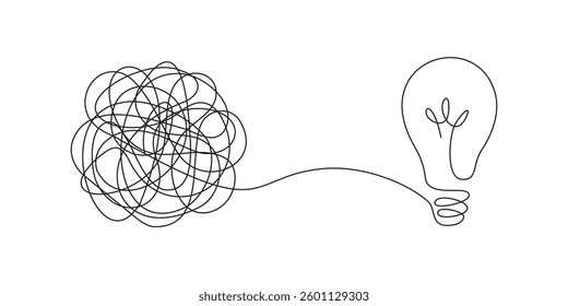 Abstract black and white line drawing illustrating the transformation from chaos to a bright idea, symbolizing creativity and problem solving
