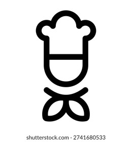 An abstract black and white line icon representing a chef or cook. The design combines a curved top resembling a chef's hat, a semi-circle body with horizontal lines, and a bow tie at the bottom. This stylized and flat illustration is ideal for the food industry and culinary services.
