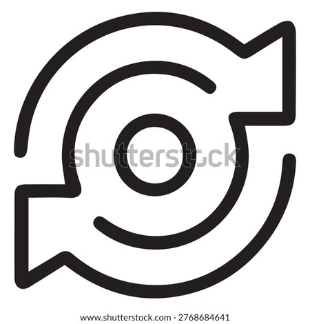 An abstract black and white line symbol featuring concentric circles and arrow-like suggesting cycles or repetition.