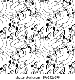 Abstract black and white linear seamless pattern. Female slender legs in high heels. Funny comic stylish background for a fashionable banner, poster, flyer, advertisement. Silhouette of a girl's legs.