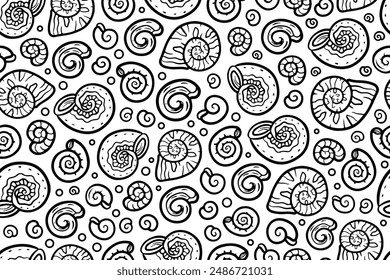 Abstract black and white linear snails seamless pattern. Decorative and stylized outline snails endless repeatable pattern design.