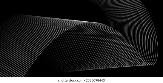 Abstract black and white lines forming a wave pattern against a dark background