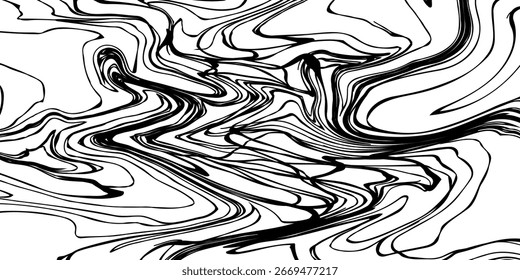 Abstract black and white liquid marble swirl seamless pattern, fluid ink texture, wavy distorted line art background, modern organic flow design, contemporary vector EPS illustration