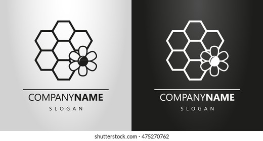 abstract black and white logo with honeycombs and flower
