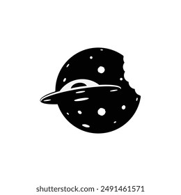 Abstract black and white logo of UFO and moon, or a bitten cookie with teeth prints. Flat emblem of a broken coin or circle. Unusual vector icon