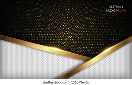 Abstract black and white luxury background with overlap layers. Realistic texture with golden element, shiny light effect and golden circle glitters dots. Modern vector design template.