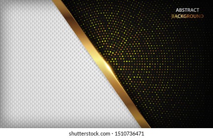Abstract black and white luxury background with overlap layers. Realistic texture with golden element, shiny light effect and golden circle glitters dots. Modern vector design template.