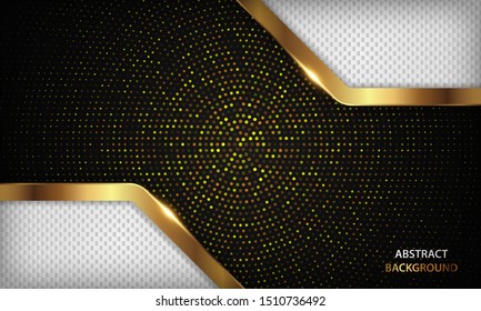 Abstract black and white luxury background with overlap layers. Realistic texture with golden element, shiny light effect and golden circle glitters dots. Modern vector design template.