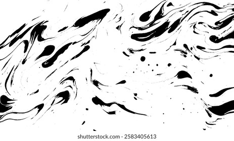 An abstract black and white marbled texture with swirling patterns and splashes. The design features fluid shapes and contrasting colors, creating a dynamic visual effect.