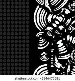 Abstract black and white monochrome vector background with white grungy brush stroke and polkadots elements isolated on square. Simple flat concept monochrome or grayscale wallpaper backdrop.