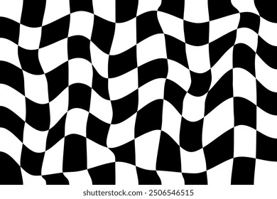 Abstract Black and White Mosaic Backdrop. Op Art Distorted Checkered Pattern. Optical Illusion Background.