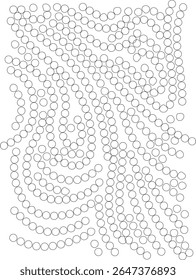 Abstract black and white mosaic pattern composed of numerous small, uniform circles arranged in undulating and flowing lines, creating a mesmerizing and artistic background design.