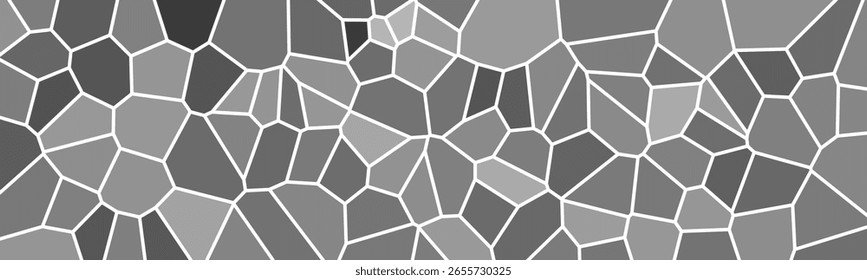 Abstractas patrón de mosaico blanco y negro con Formas geométricas irregulares delineadas por líneas blancas, creando un efecto de vidriera.

